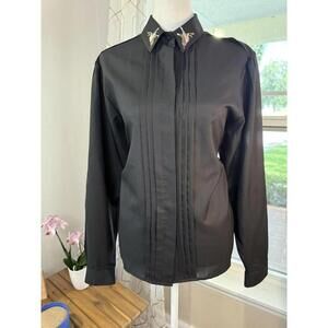 VTG Joan Harper Shirt Women Medium Embroidered Hummingbird Pleated Collar Unique